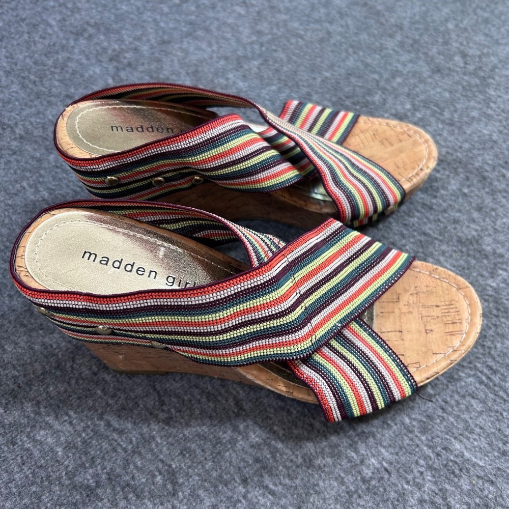 Madden Girl Striped Cork Wedge Sandals Studded Boho Platform Shoes 7.5 - Picture 2 of 7